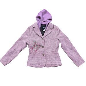 Nils Women's Purple Pink Tweed Jacket M Hooded Embroidered Floral Detail Wool